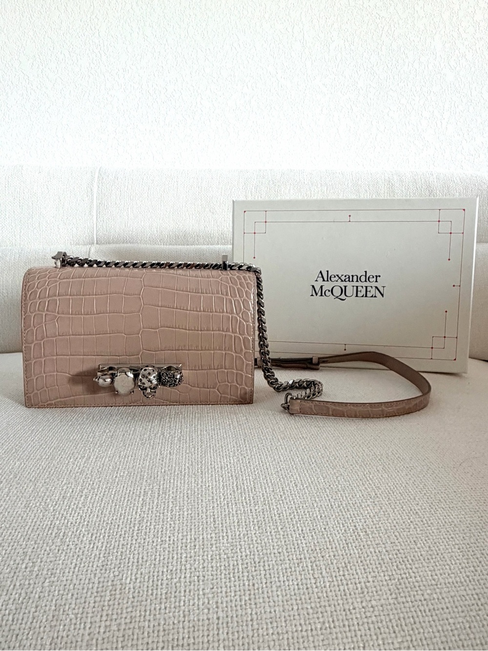 Alexander McQueen Croc-Embossed Nude Shoulder Bag with Skull Accents